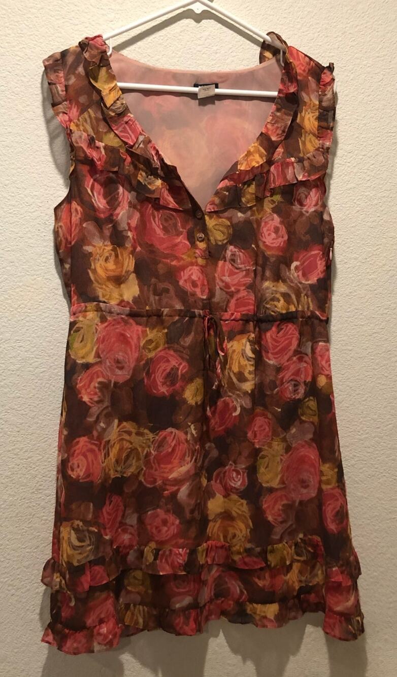 J. Crew Factory Pink Brown Floral 100% Silk Ruffle Sleeveless Mini Dress Size 8